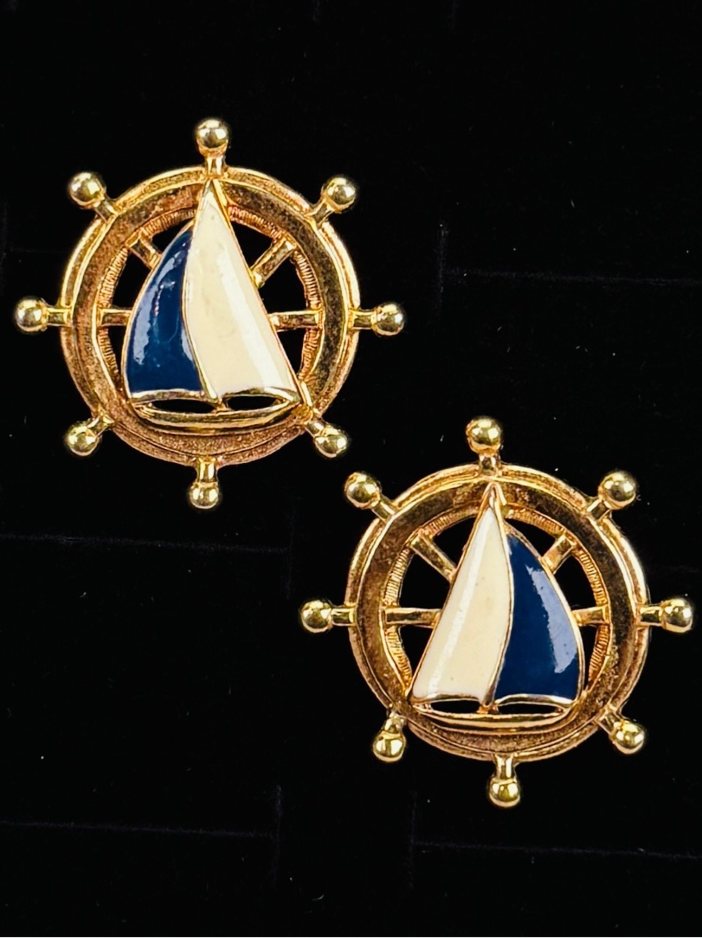 Vintage Avon, aged goldtone, sailboat nautical pierced earrings
